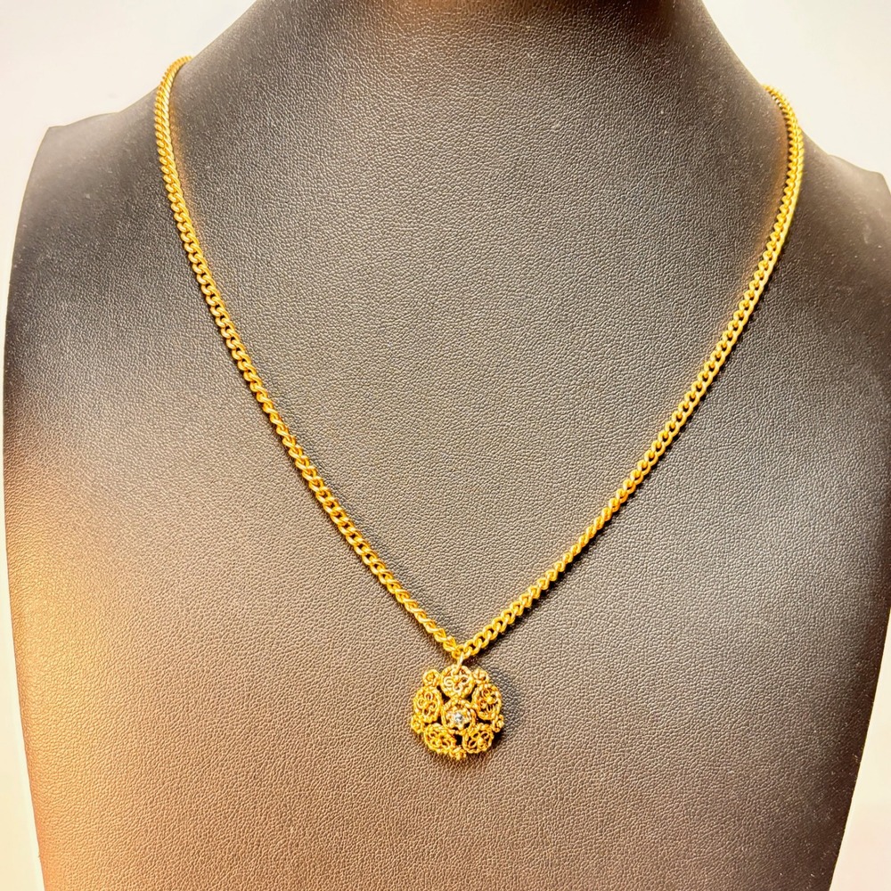 Vintage Rhinestone Necklace Gold Filigree Flower Pendant Whimsygoth Statement
